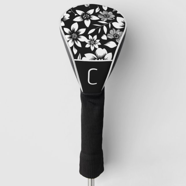 Black White Modern Floral Leaves Blowing Print Golf Head Cover (Front)