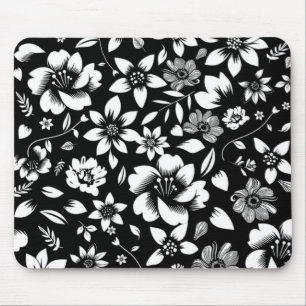 Black White Modern Floral Leaves Blowing Print Mouse Pad