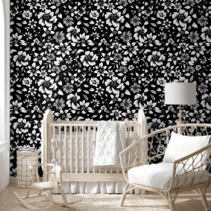 Black White Modern Floral Leaves Blowing Print Wallpaper