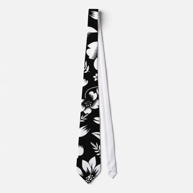 Black White Modern Floral Leaves Blowing Tie (Front)