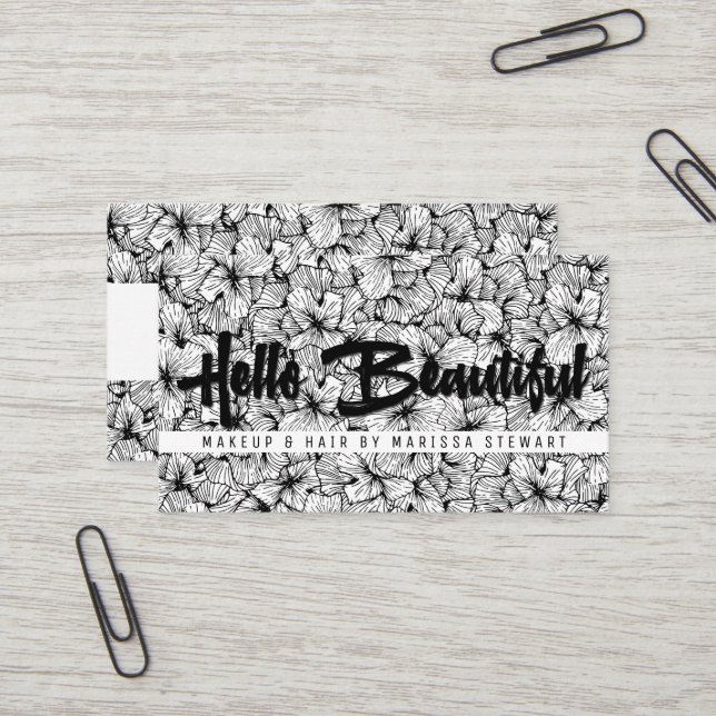 Black White Modern Flowers Hello Beautiful Business Card (Front/Back In Situ)