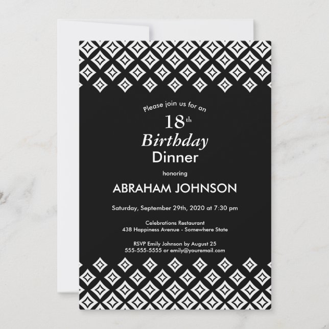 Black White Modern Geometric 18th Birthday Dinner Invitation (Front)