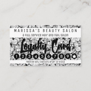 Black White Modern Hand Drawn Flowers Loyalty Card