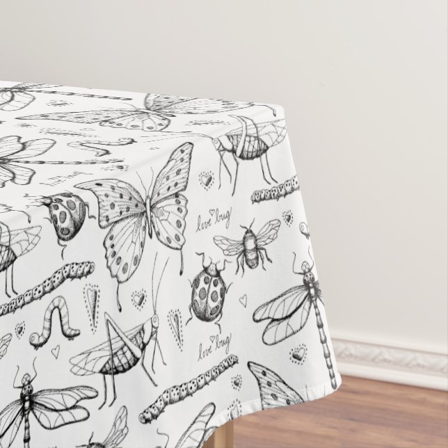 Black White Modern Insects Illustration Love Bug Tablecloth (In Situ)