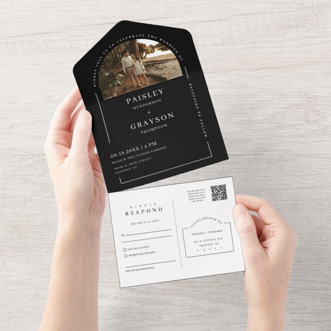 Black White Modern Minimal Arch Photo QR Code RSVP All In One Invitation (Tearaway)