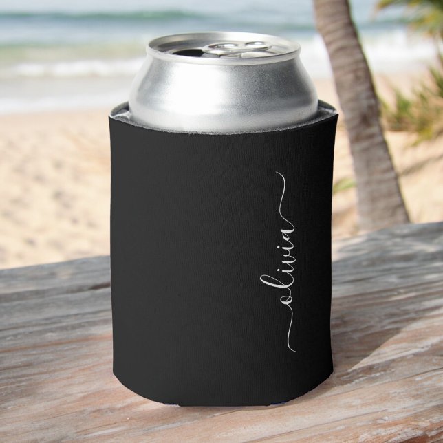 Black White Modern Minimalist Elegant Monogram Can Cooler (Creator Uploaded)