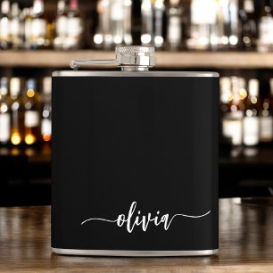 Black White Modern Minimalist Elegant Monogram Hip Flask