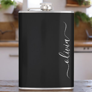 Black White Modern Minimalist Elegant Monogram Hip Flask