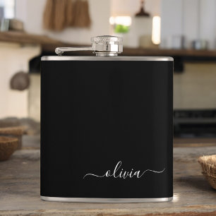 Black White Modern Minimalist Elegant Monogram Hip Flask