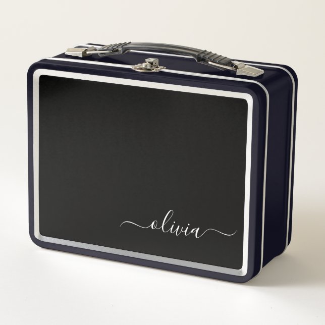 Black White Modern Minimalist Elegant Monogram Metal Lunch Box (Front)