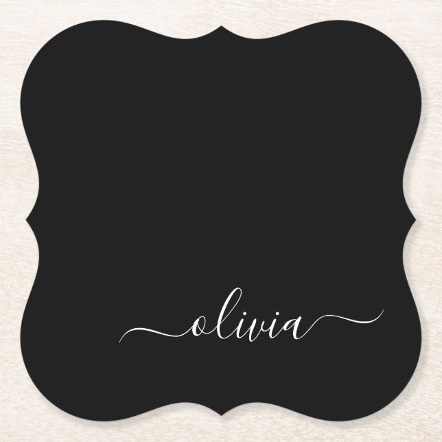 Black White Modern Minimalist Elegant Monogram Paper Coaster (Front)