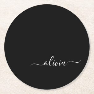 Black White Modern Minimalist Elegant Monogram Round Paper Coaster
