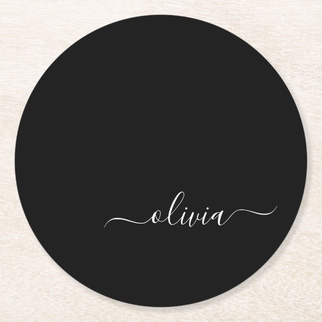 Black White Modern Minimalist Elegant Monogram Round Paper Coaster (Front)