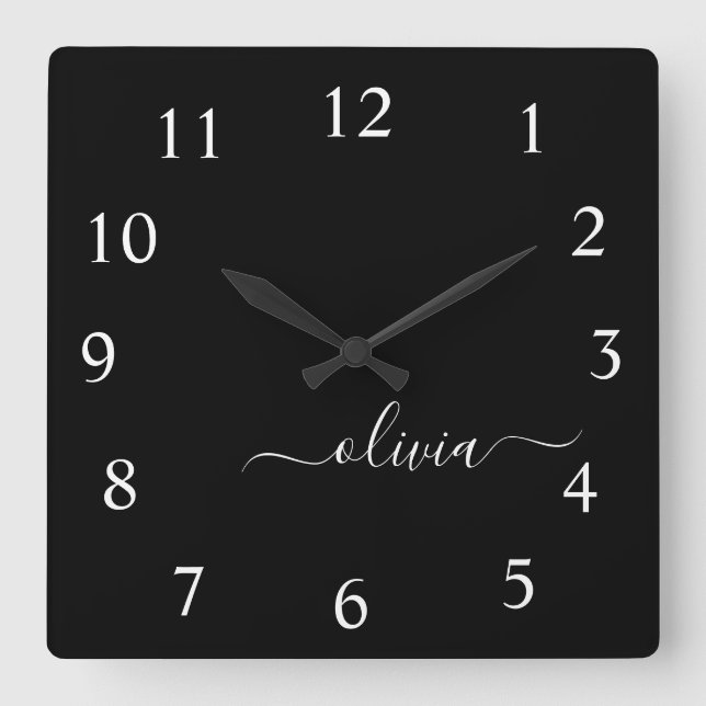 Black White Modern Minimalist Elegant Monogram Square Wall Clock (Front)