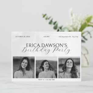 Black white modern minimalist photo birthday invitation
