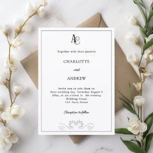 Black white modern monogram diamonds wedding invitation