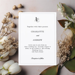 Black white modern monogram simple wedding invitation