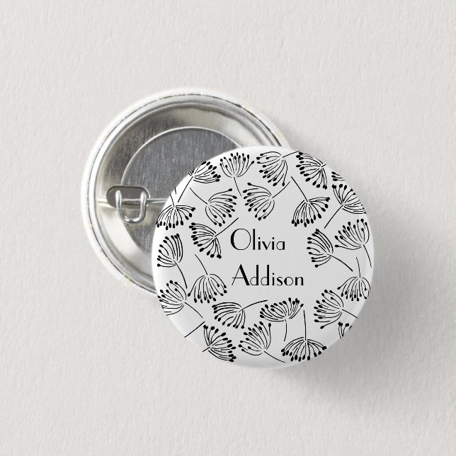Black White Modern Name Flower Dandelion customize 1 Inch Round Button (Front & Back)