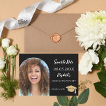 Black white modern photo arch Graduation Save The Date<br><div class="desc">A photo Save the date card for a graduation. On front: Add your own vertical size photo of the graduate. Photo arch frame. A classic black background, white text. Templates for a name and date. The name and the text: Save the Date are written with a modern hand lettered style...</div>
