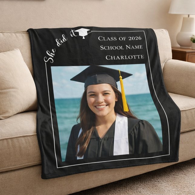 Black white modern photo Graduation she did it Fleece Blanket (Creator Uploaded)