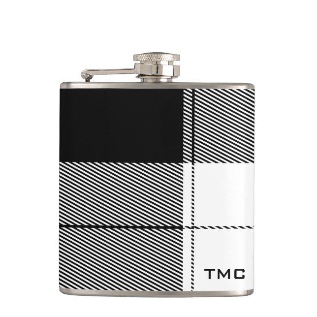 Black White Modern Plaid Initials Preppy Chic Hip Flask (Front)