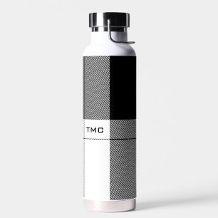 Black White Modern Plaid Initials Preppy Chic Water Bottle