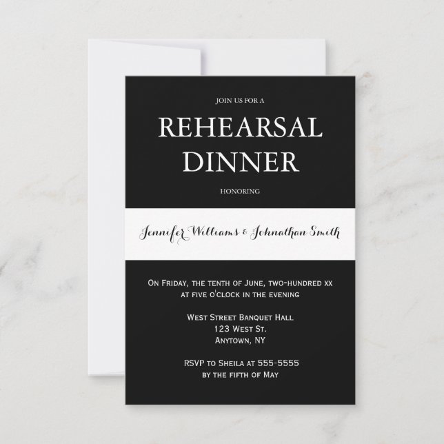 Black & white modern rehearsal dinner invitations (Front)