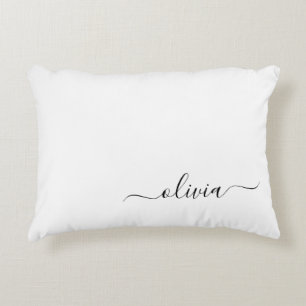 Black White Modern Script Girly Monogram Name Accent Pillow