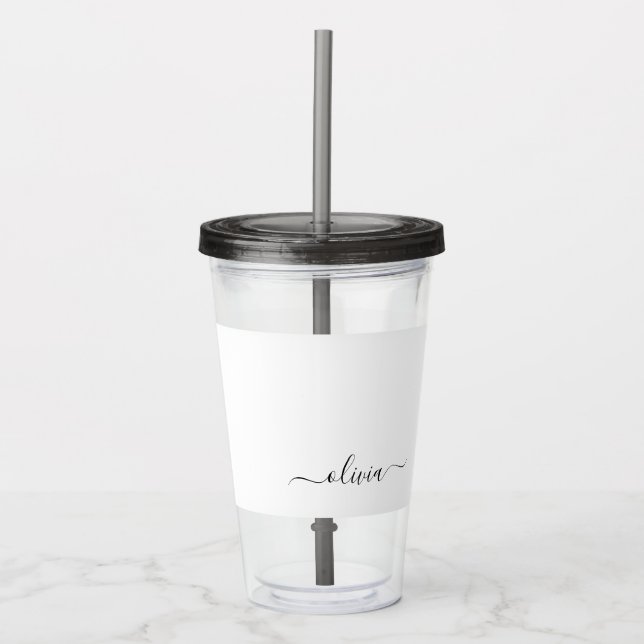 Black White Modern Script Girly Monogram Name Acrylic Tumbler (Front)