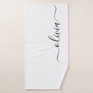 Black White Modern Script Girly Monogram Name Bath Towel