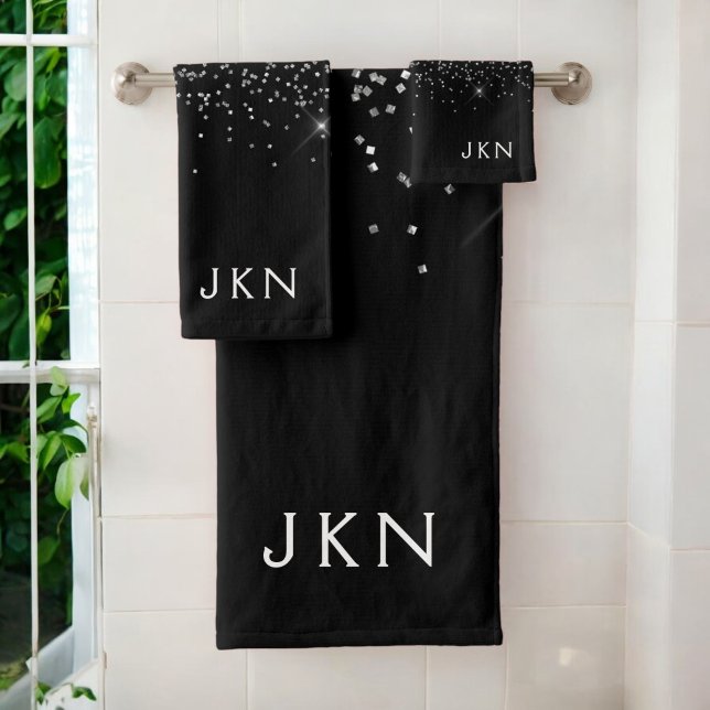 Black White Modern Script Girly Monogram Name Bath Towel Set (Creator Uploaded)
