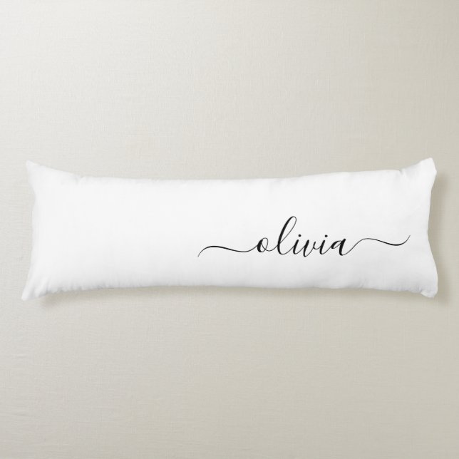 Black White Modern Script Girly Monogram Name Body Pillow (Front)