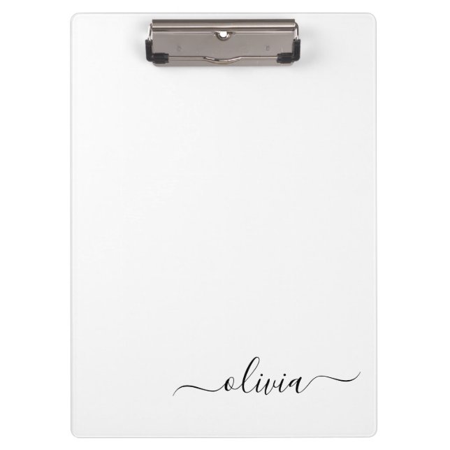 Black White Modern Script Girly Monogram Name Clipboard (Front)