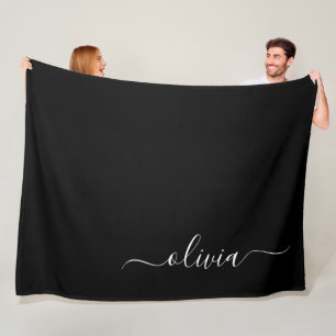 Black White Modern Script Girly Monogram Name Fleece Blanket
