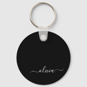 Black White Modern Script Girly Monogram Name Keychain