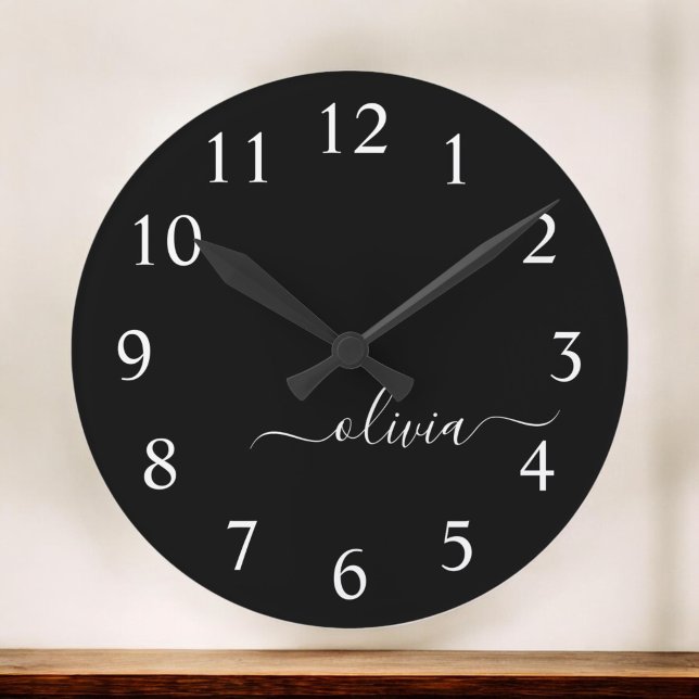 Black White Modern Script Girly Monogram Name Large Clock (Creator Uploaded)