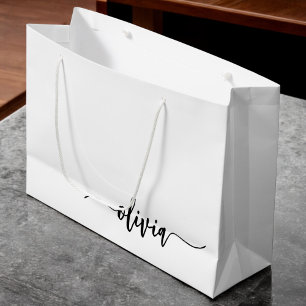 Black White Modern Script Girly Monogram Name Large Gift Bag
