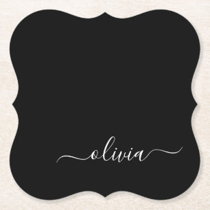 Black White Modern Script Girly Monogram Name Paper Coaster