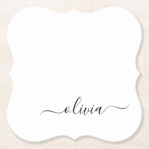 Black White Modern Script Girly Monogram Name Paper Coaster