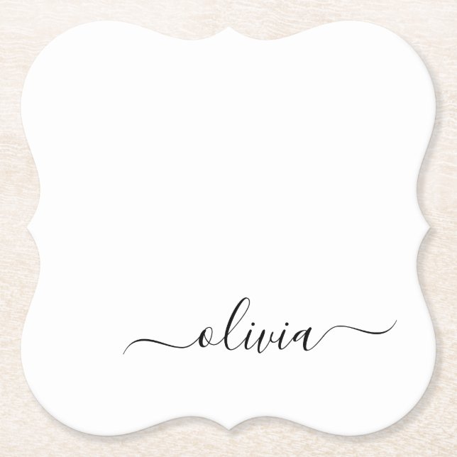 Black White Modern Script Girly Monogram Name Paper Coaster (Front)
