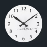 Black White Modern Script Girly Monogram Name Round Clock<br><div class="desc">Black and White Simple Script Monogram Name Clock. This makes the perfect sweet 16 birthday,  wedding,  bridal shower,  anniversary,  baby shower or bachelorette party gift for someone that loves glam luxury and chic styles.</div>