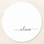 Black White Modern Script Girly Monogram Name Round Paper Coaster<br><div class="desc">Black and White Simple Script Monogram Name Paper Coasters. This makes the perfect graduation,  birthday,  wedding,  bridal shower,  anniversary,  baby shower or bachelorette party gift for someone that loves glam luxury and chic styles.</div>