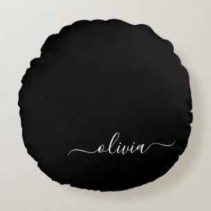 Black White Modern Script Girly Monogram Name Round Pillow