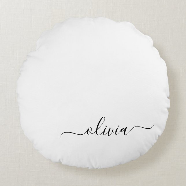 Black White Modern Script Girly Monogram Name Round Pillow (Front)