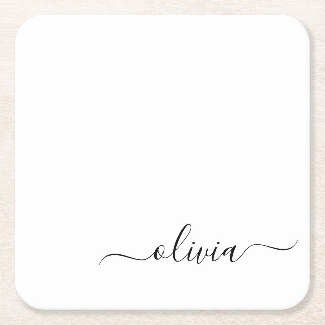 Black White Modern Script Girly Monogram Name Square Paper Coaster (Front)