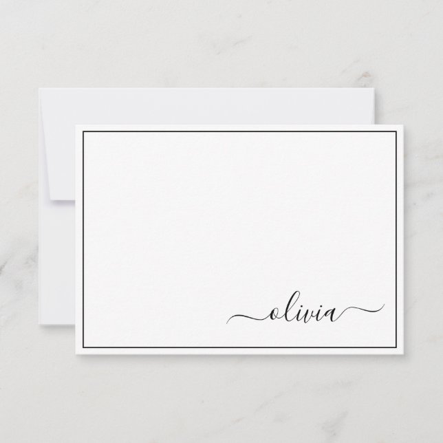 Black White Modern Script Girly Monogram Name Thank You Card (Front)