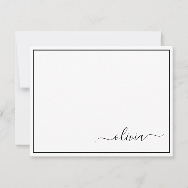 Black White Modern Script Girly Monogram Name Thank You Card (Front)