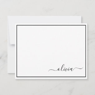 Black White Modern Script Girly Monogram Name Thank You Card