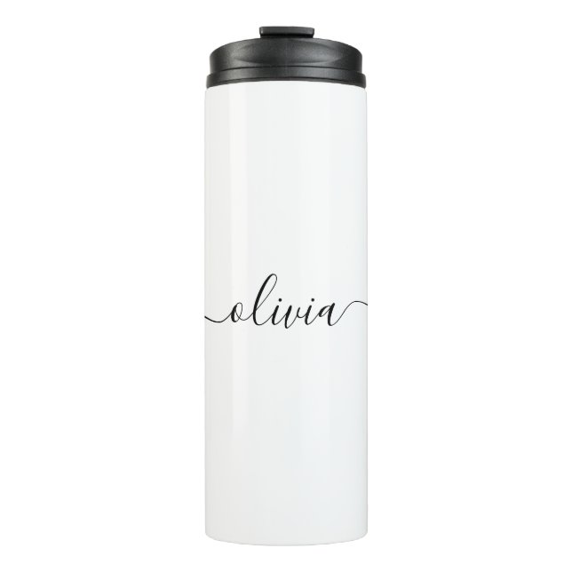 Black White Modern Script Girly Monogram Name Thermal Tumbler (Front)