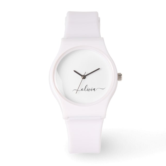 Black White Modern Script Girly Monogram Name Watch (Front)